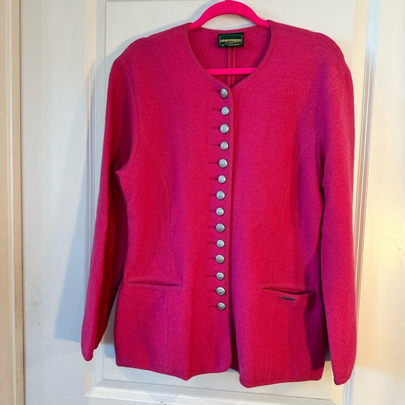Vintage Geiger 100% Boiled Wool Pink Military Gold Button Long Line Sweater, 40 - Picture 2 of 12